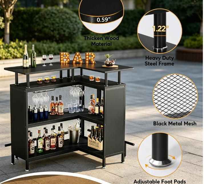 L-Shaped Home Bar Unit Liquor Bar Table with Glasses Holders And Shelves for Kitchen Dining Room Bar Counter Storage