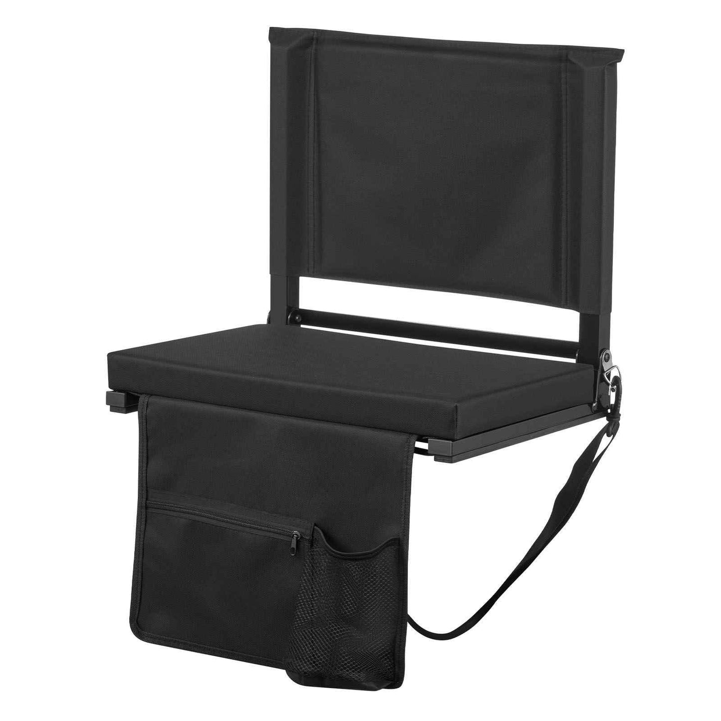Stadium Seat, Folding Bleacher Chair with Back Support and Thick Cushion, Padded Stadium Seat for Bleacher Includes Shoulder Strap, Hooks, Cup Holder, and Side Pocket, Black Bleachers Chair