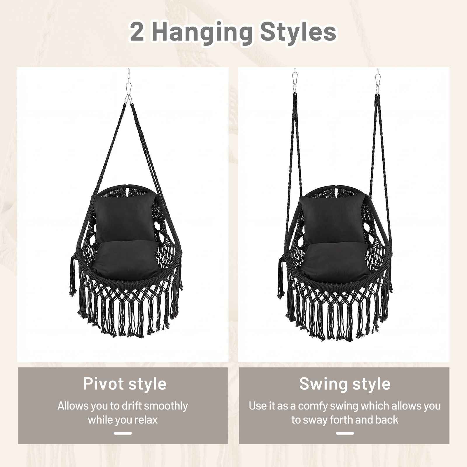 Hanging Hammock Chair with Soft Seat Cushions and Sturdy Rope Chain