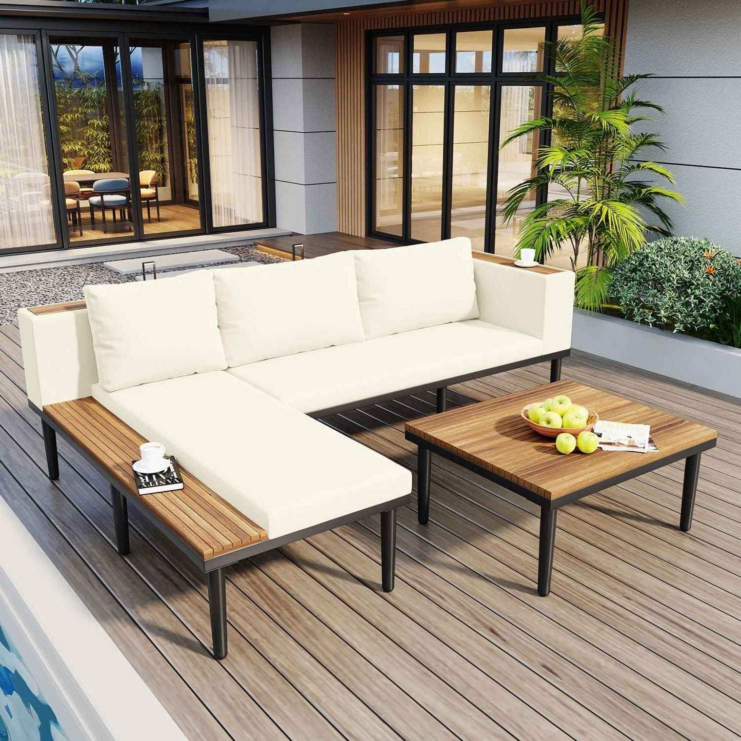 <Old SKU: N704G201251A>Luxury Patio Furniture Set with Removable Cushions and Coffee Table, L-Shaped Acacia Wood Sofa with Side table, Outdoor Conversation Sectional Sofa for Backyard, Porch, Beige