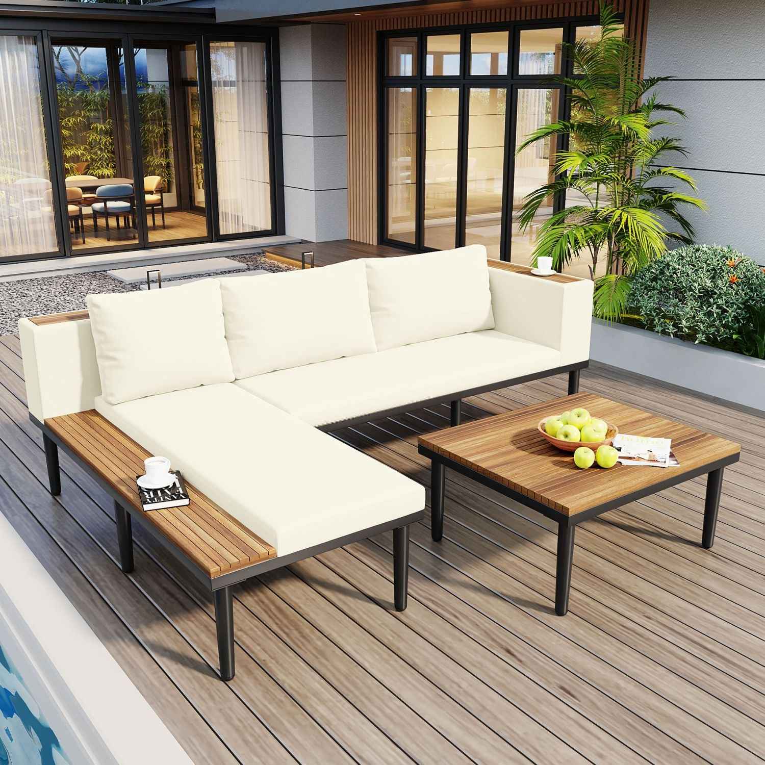 <Old SKU: N704G201251A>Luxury Patio Furniture Set with Removable Cushions and Coffee Table, L-Shaped Acacia Wood Sofa with Side table, Outdoor Conversation Sectional Sofa for Backyard, Porch, Beige
