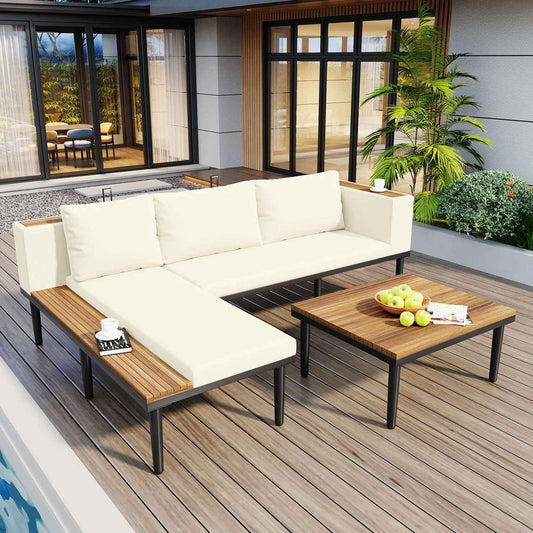 <Old SKU: N704G201251A>Luxury Patio Furniture Set with Removable Cushions and Coffee Table, L-Shaped Acacia Wood Sofa with Side table, Outdoor Conversation Sectional Sofa for Backyard, Porch, Beige