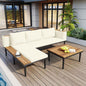 <Old SKU: N704G201251A>Luxury Patio Furniture Set with Removable Cushions and Coffee Table, L-Shaped Acacia Wood Sofa with Side table, Outdoor Conversation Sectional Sofa for Backyard, Porch, Beige