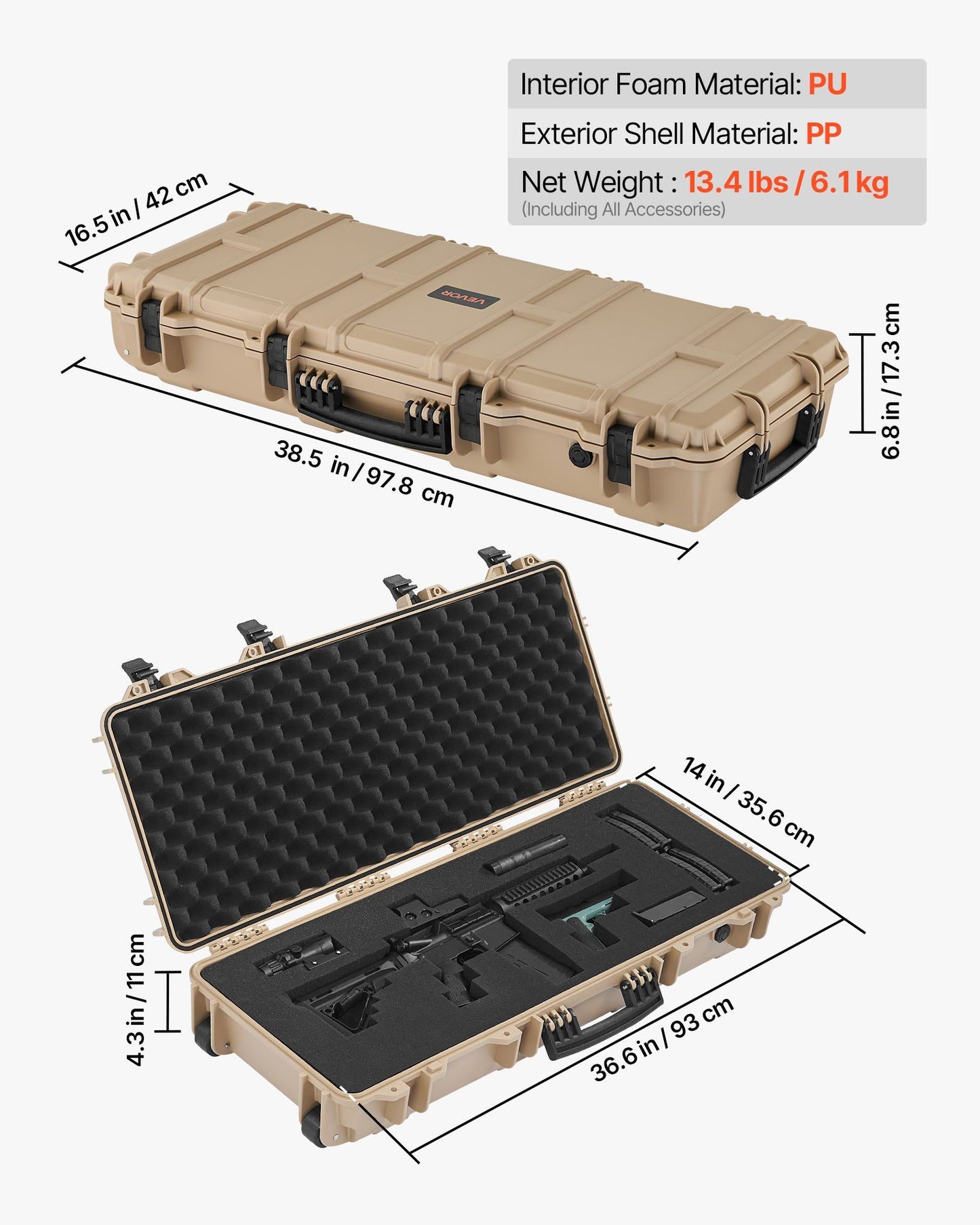 VEVOR Hard Rifle Case, Lockable Rifle Case with 4 Layers Pre-cut Foams, 36 in Gun Storage with Wheels, IP67 Waterproof & Dustproof Pistol Storage Cases for Rifles, Shotguns, Airsoft Guns, Khaki - KNM Sundry
