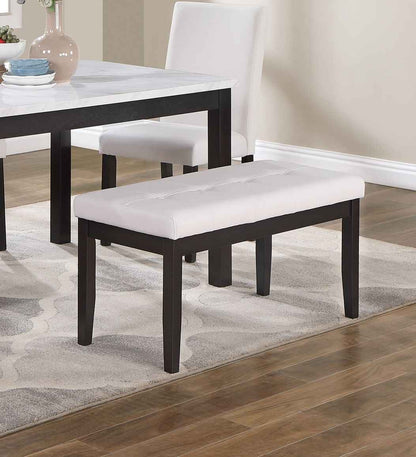 Classic Stylish 5pc Dining Set Kitchen Dinette Faux Marble Top Table Bench and 3x Chairs White Faux Leather Cushions Seats Dining Room