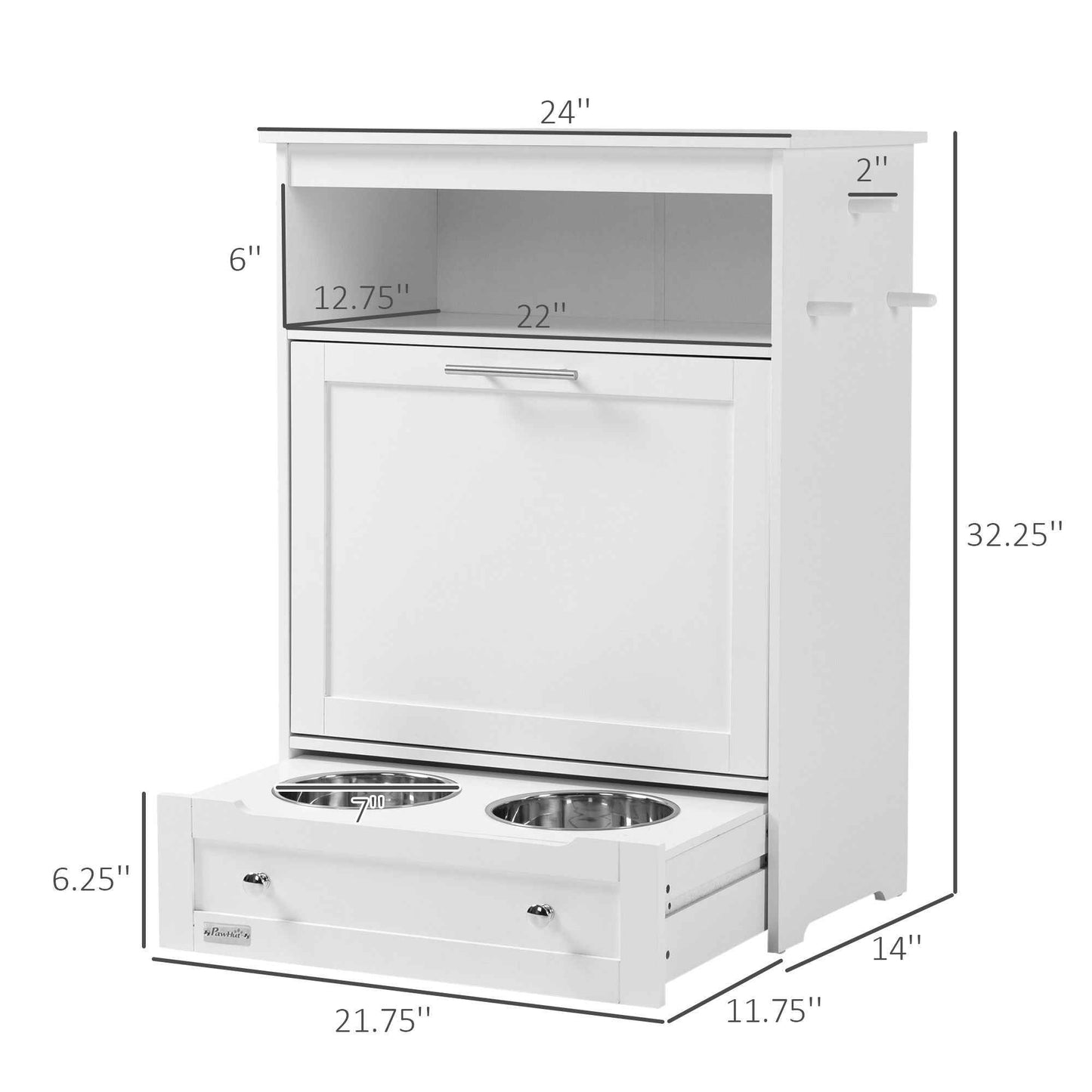 Pet Feeder Station with Storage, Dog Food Storage Container with 2 Raised Dog Bowls, White