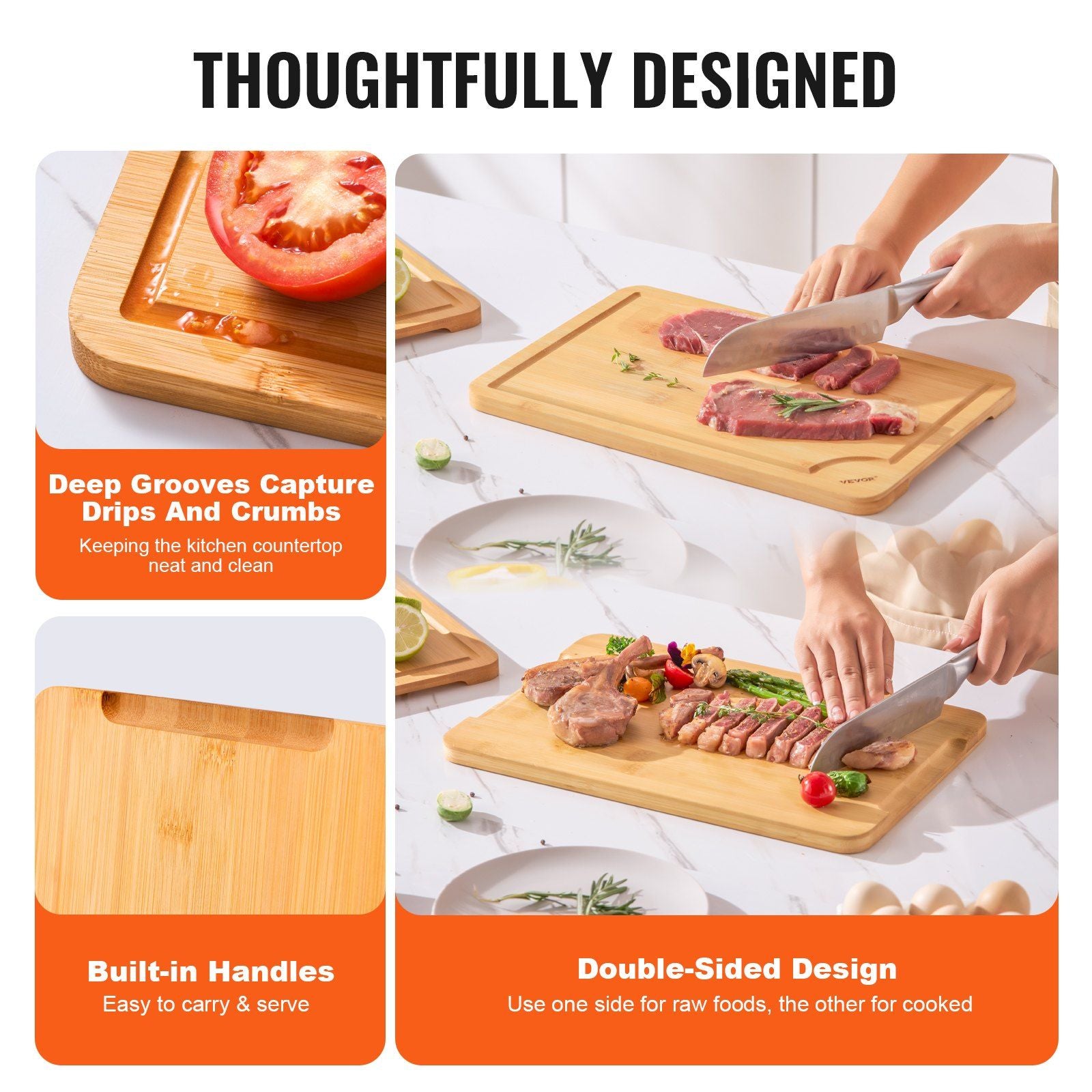 Cutting Board, 3 Pieces, Premium Versatile Bamboo Cutting Board with Food-Grade Oil and Juice Groove,Sturdy & Durable Chopping Board with Built-in Handle, Fit for Display, Chopping & Serving - KNM Sundry