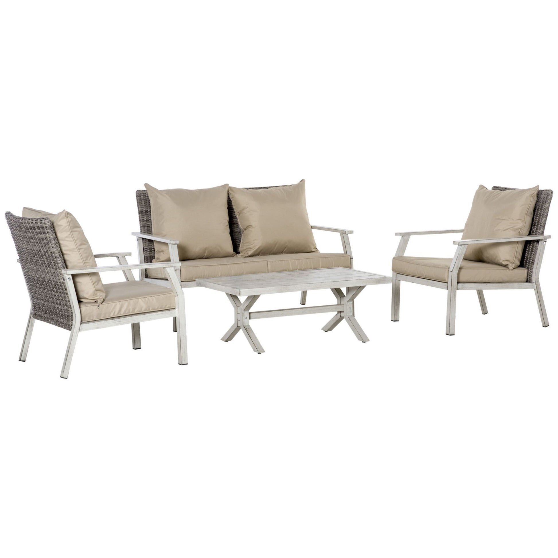 Patio Conversational Bliss: 4-Piece Wicker Loveseat Set with Coffee Table, Beige | Intimate Outdoor Lounge. - KNM Sundry