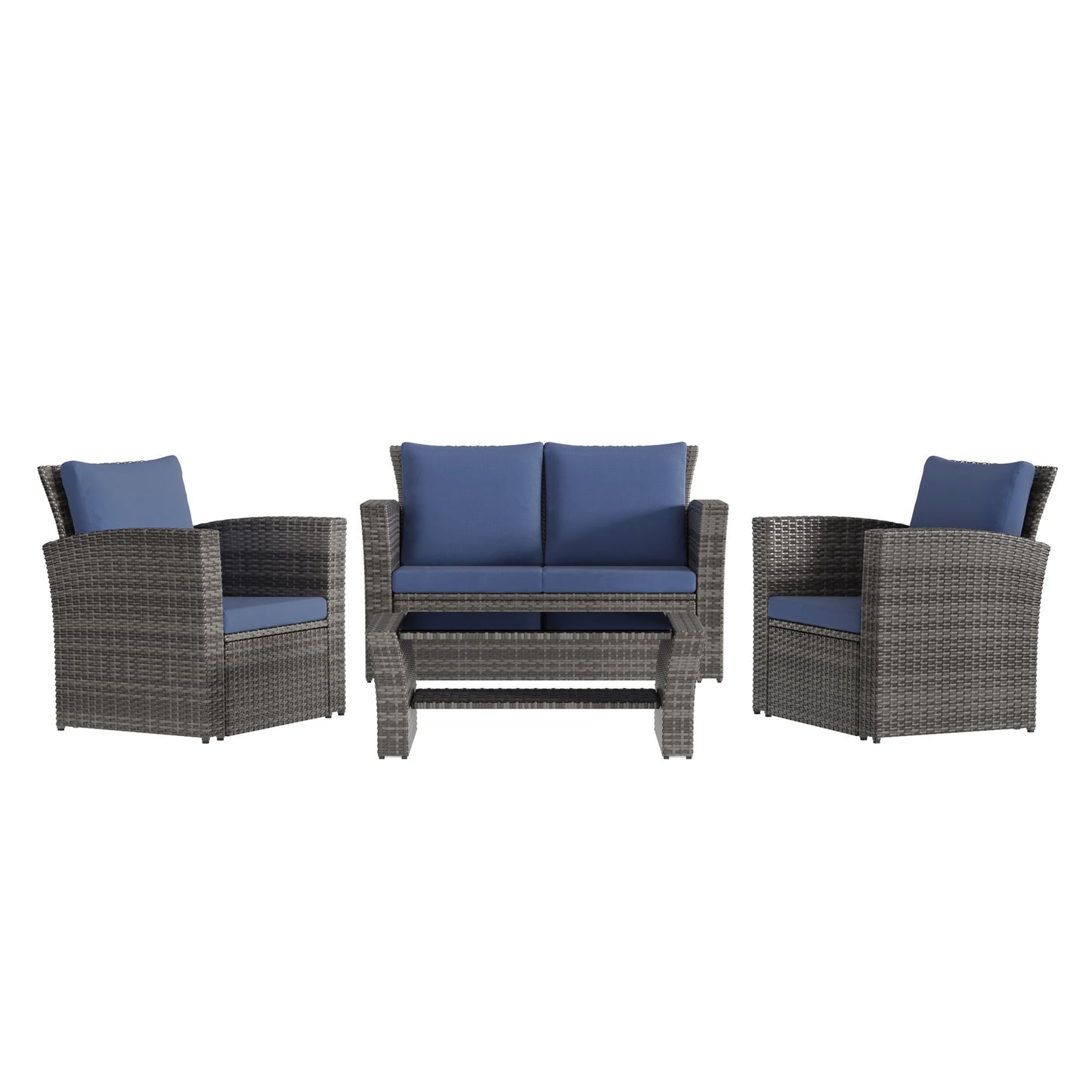 4 Piece Outdoor Patio Furniture Set, Outdoor Sectional Sofa with Tempered Glass Coffee Table and Cushions, Wicker Rattan Patio Set - KNM Sundry