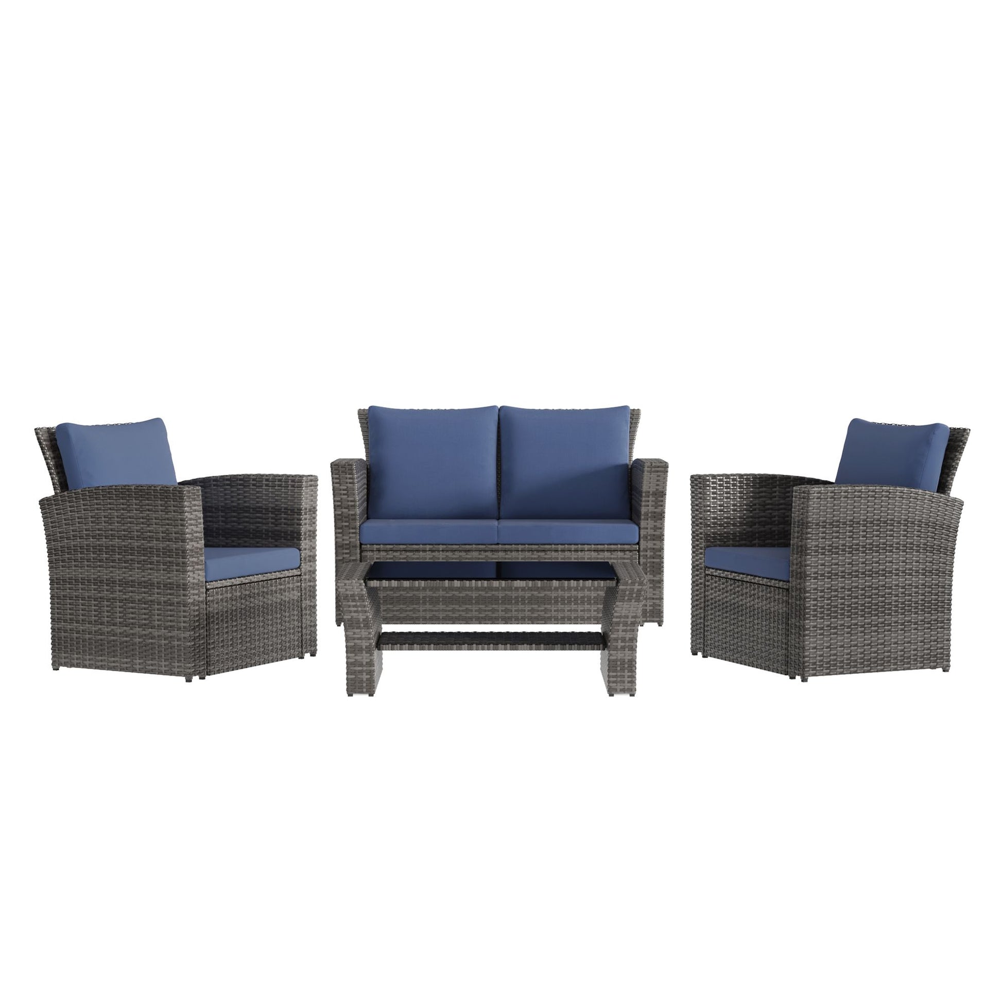 4 Piece Outdoor Patio Furniture Set, Outdoor Sectional Sofa with Tempered Glass Coffee Table and Cushions, Wicker Rattan Patio Set - KNM Sundry