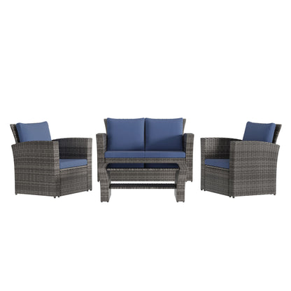 4 Piece Outdoor Patio Furniture Set, Outdoor Sectional Sofa with Tempered Glass Coffee Table and Cushions, Wicker Rattan Patio Set - KNM Sundry