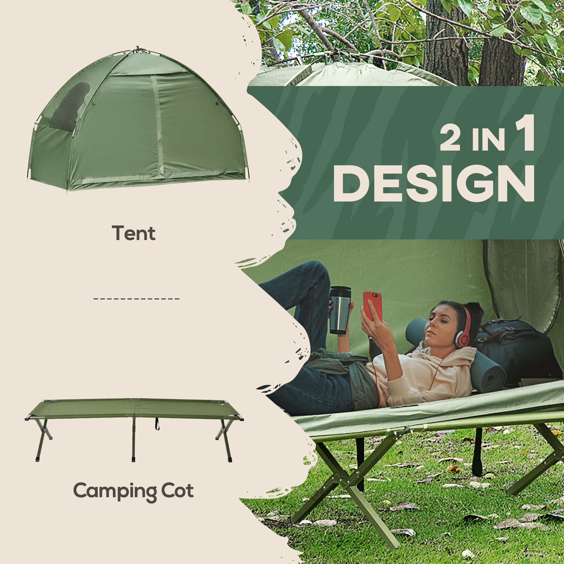 1 Person Folding Camping Cot, Portable Outdoor with Carry Bag, 2-in-1 Elevated Camping Bed Tent Single - KNM Sundry