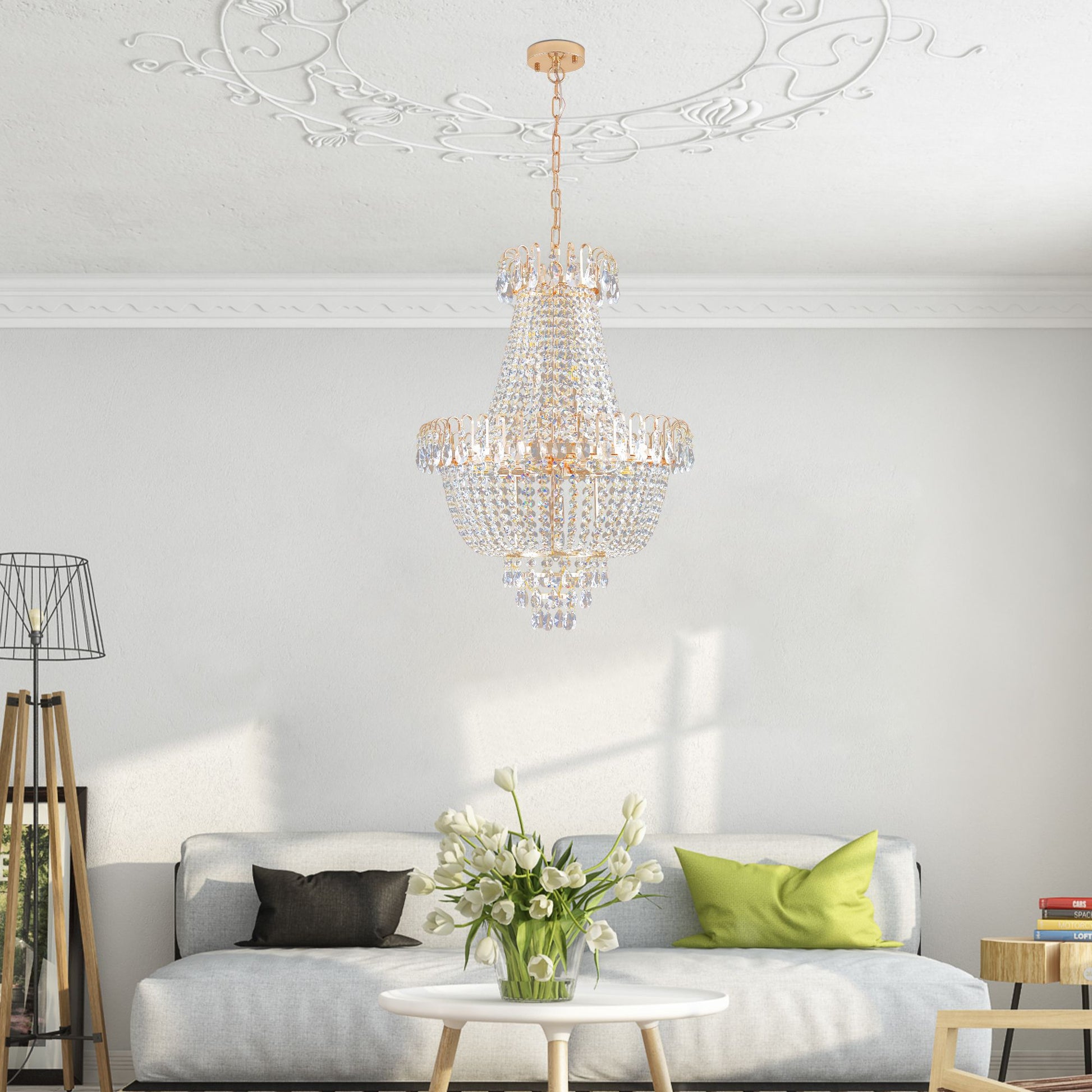 (Same as W1340P143189)Gold Crystal Chandeliers,Large Contemporary Luxury Ceiling Lighting for Living Room Dining Room Bedroom Hallway (Without Bulb) - KNM Sundry