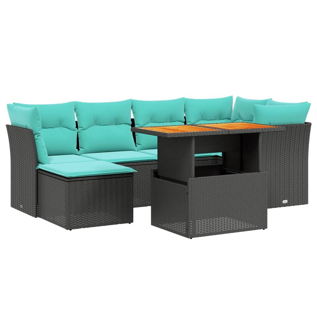 7 Piece Patio Sofa Set with Cushions Black Poly Rattan - KNM Sundry