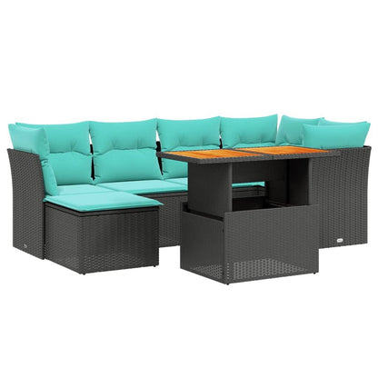 7 Piece Patio Sofa Set with Cushions Black Poly Rattan - KNM Sundry