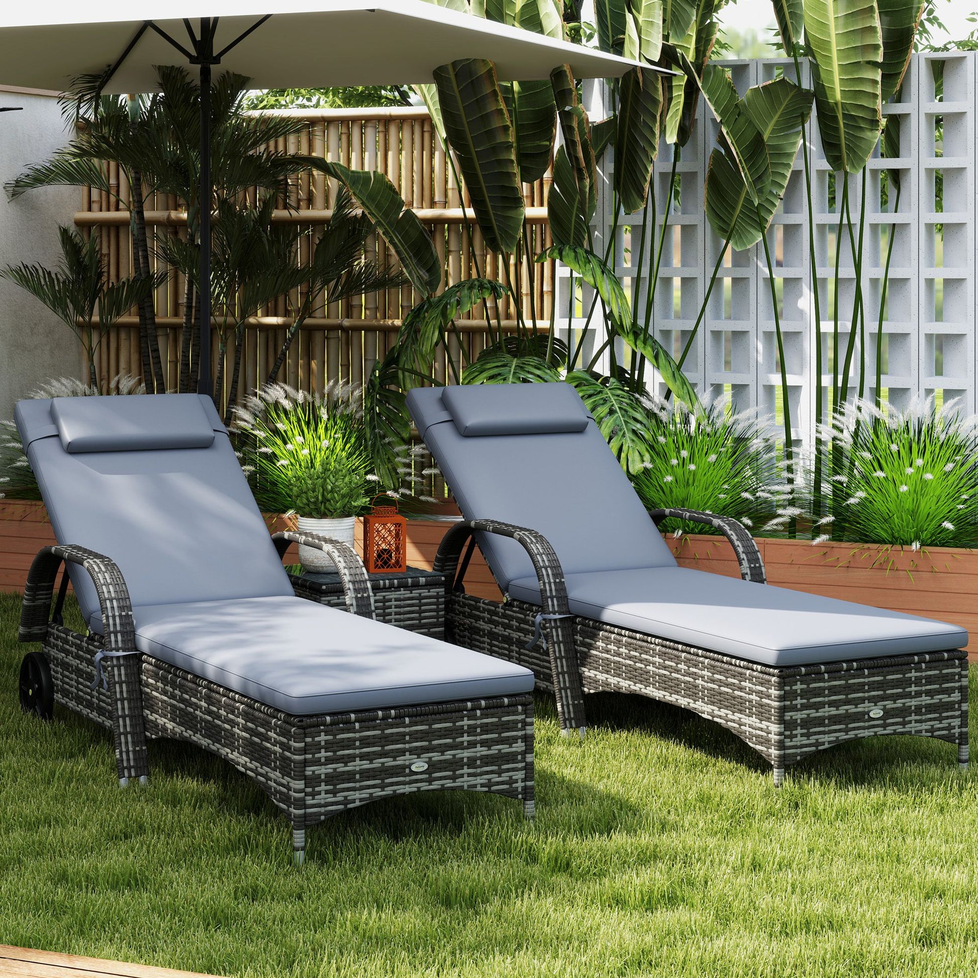 Patio Wicker Chaise Lounge Chair Set of 2 with Table, Adjustable Backrest, Wheels, Cushion & Headrest, Gray - KNM Sundry