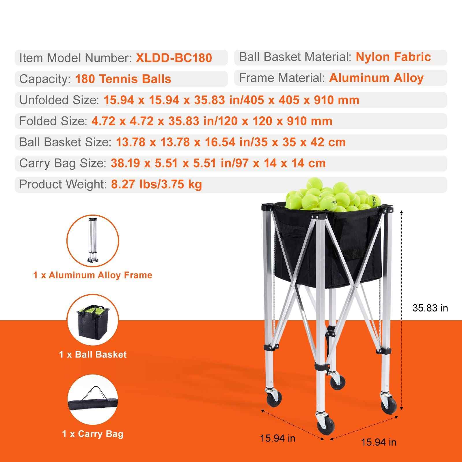 Foldable Tennis Ball Hopper, Holds 180 Tennis Balls, Lightweight Aluminum Alloy Tennis Ball Basket Cart with Wheels, Removable Bag, Carry Bag, Portable Sports Teaching Cart for Tennis Player