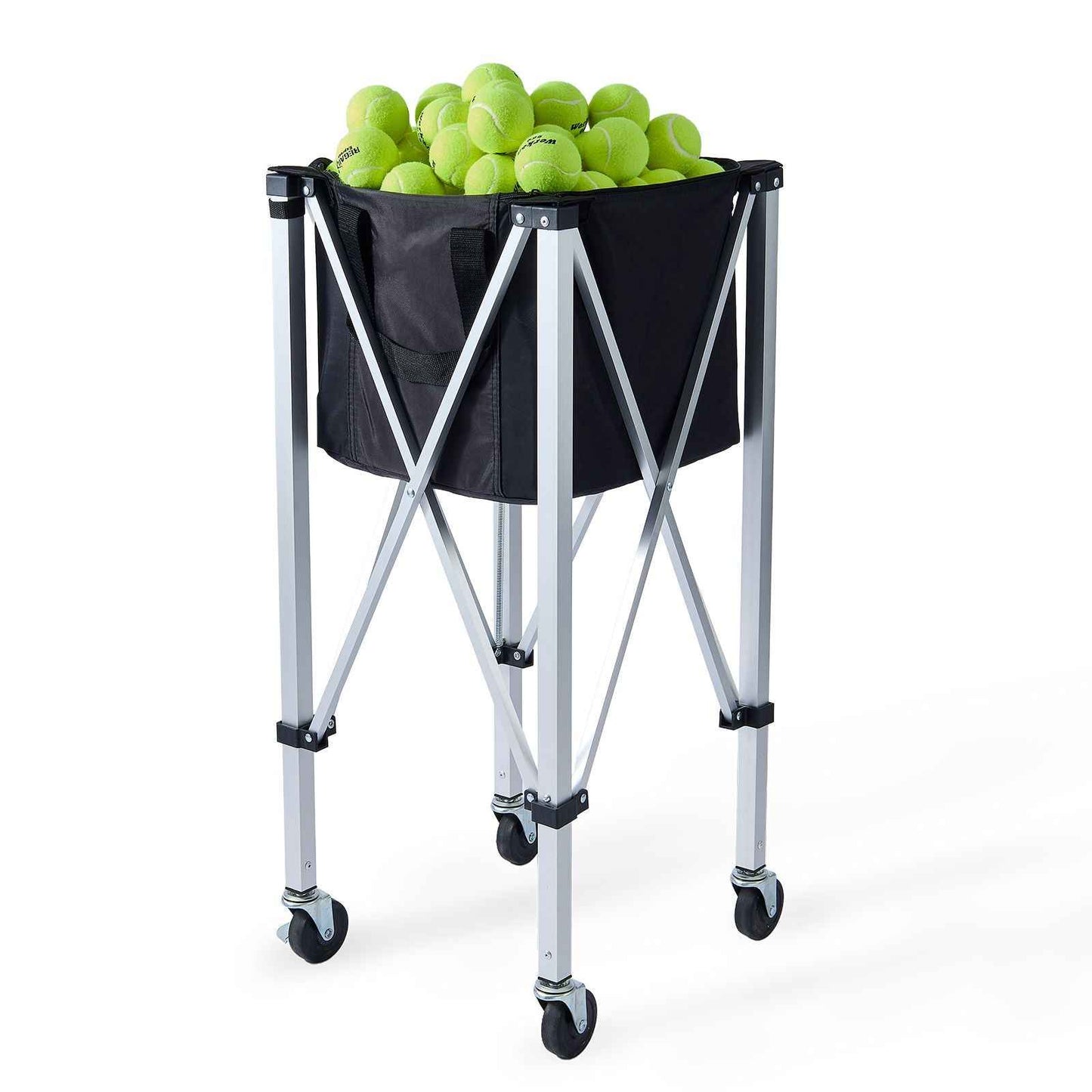 Foldable Tennis Ball Hopper, Holds 150 Tennis Balls, Lightweight Aluminum Alloy Tennis Ball Basket Cart with Wheels, Removable Bag, Carry Bag, Portable Sports Teaching Cart for Tennis Player