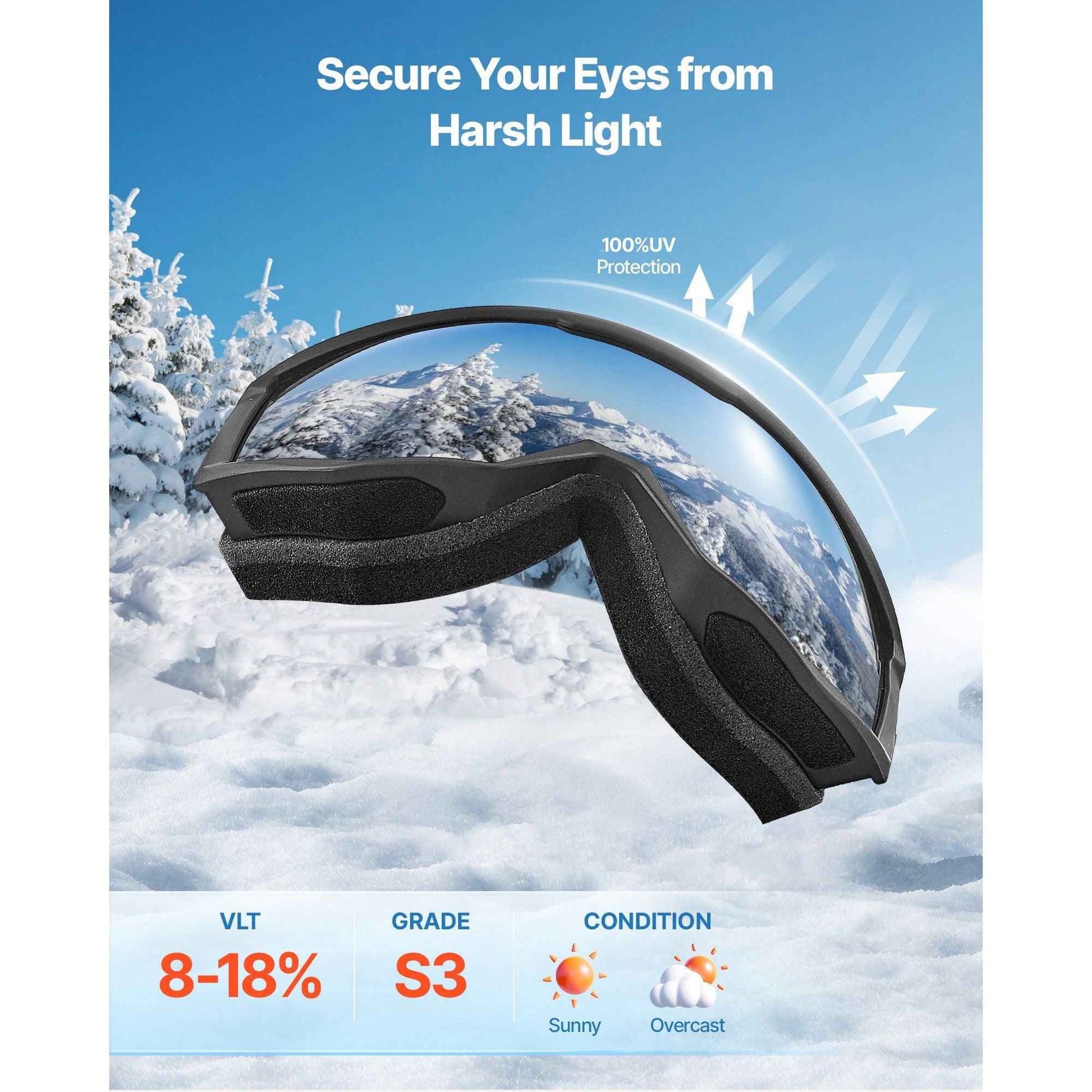 Ski Goggles, Cylindrical Lens with Orange Revo Coating, OTG Anti fog Snow Goggles for Men Women Youth, TPU Frame & Ventilation Structure, Suitable for Skiing, Skating, Snowboarding, Cycling