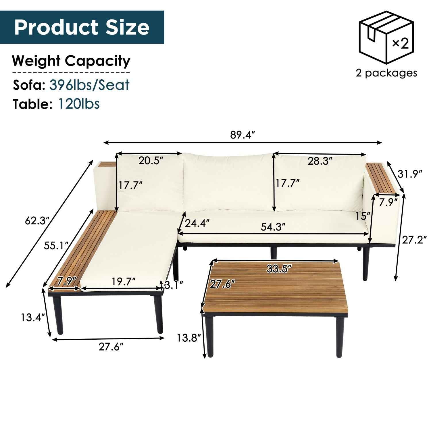 <Old SKU: N704G201251A>Luxury Patio Furniture Set with Removable Cushions and Coffee Table, L-Shaped Acacia Wood Sofa with Side table, Outdoor Conversation Sectional Sofa for Backyard, Porch, Beige