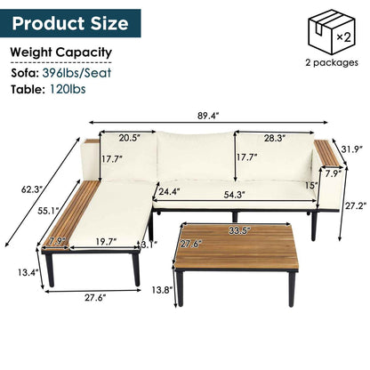 <Old SKU: N704G201251A>Luxury Patio Furniture Set with Removable Cushions and Coffee Table, L-Shaped Acacia Wood Sofa with Side table, Outdoor Conversation Sectional Sofa for Backyard, Porch, Beige