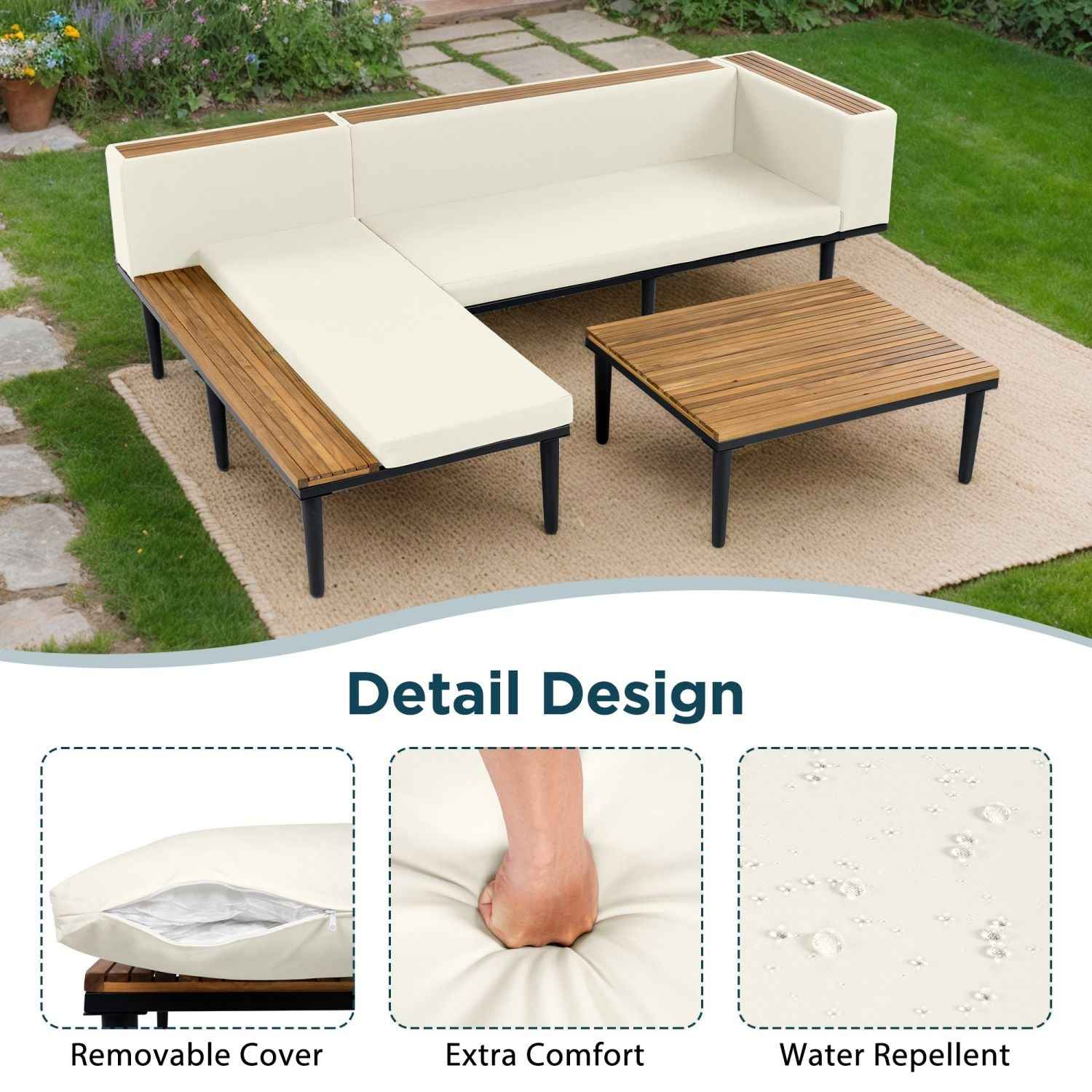 <Old SKU: N704G201251A>Luxury Patio Furniture Set with Removable Cushions and Coffee Table, L-Shaped Acacia Wood Sofa with Side table, Outdoor Conversation Sectional Sofa for Backyard, Porch, Beige