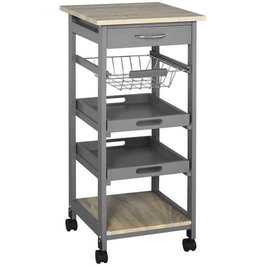 Rolling Kitchen Cart with Pull-Out Tray, Slide-Out Basket, and Rolling Island, Gray