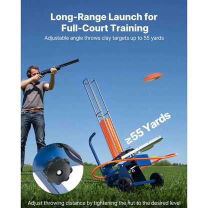 Clay Target Thrower, 75-80 Clays Pigeon Thrower, 55+ Yards Automatic Skeet and Trap Launcher on Wheels - with Adjustable Angle, Foot Pedal & Pull Handle for Clays Throwing, Shooting Sports