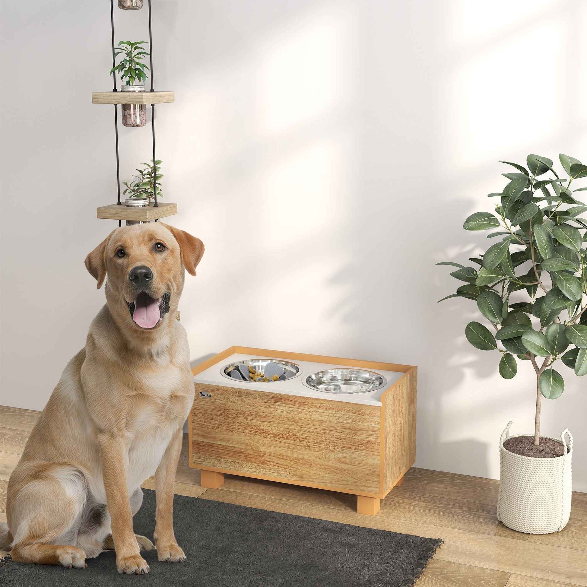 Elevated Dog Bowls with Slow Feeder Dog Bowl, Stainless Steel Food Water Bowl, Storage for Large Sized Dog, Oak