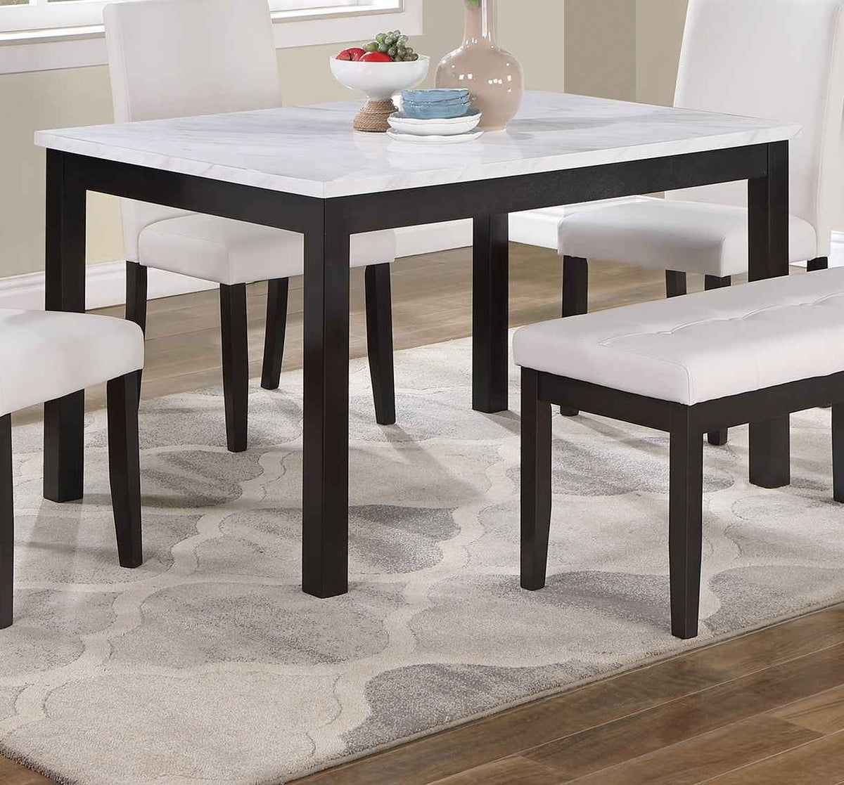 Classic Stylish 5pc Dining Set Kitchen Dinette Faux Marble Top Table Bench and 3x Chairs White Faux Leather Cushions Seats Dining Room