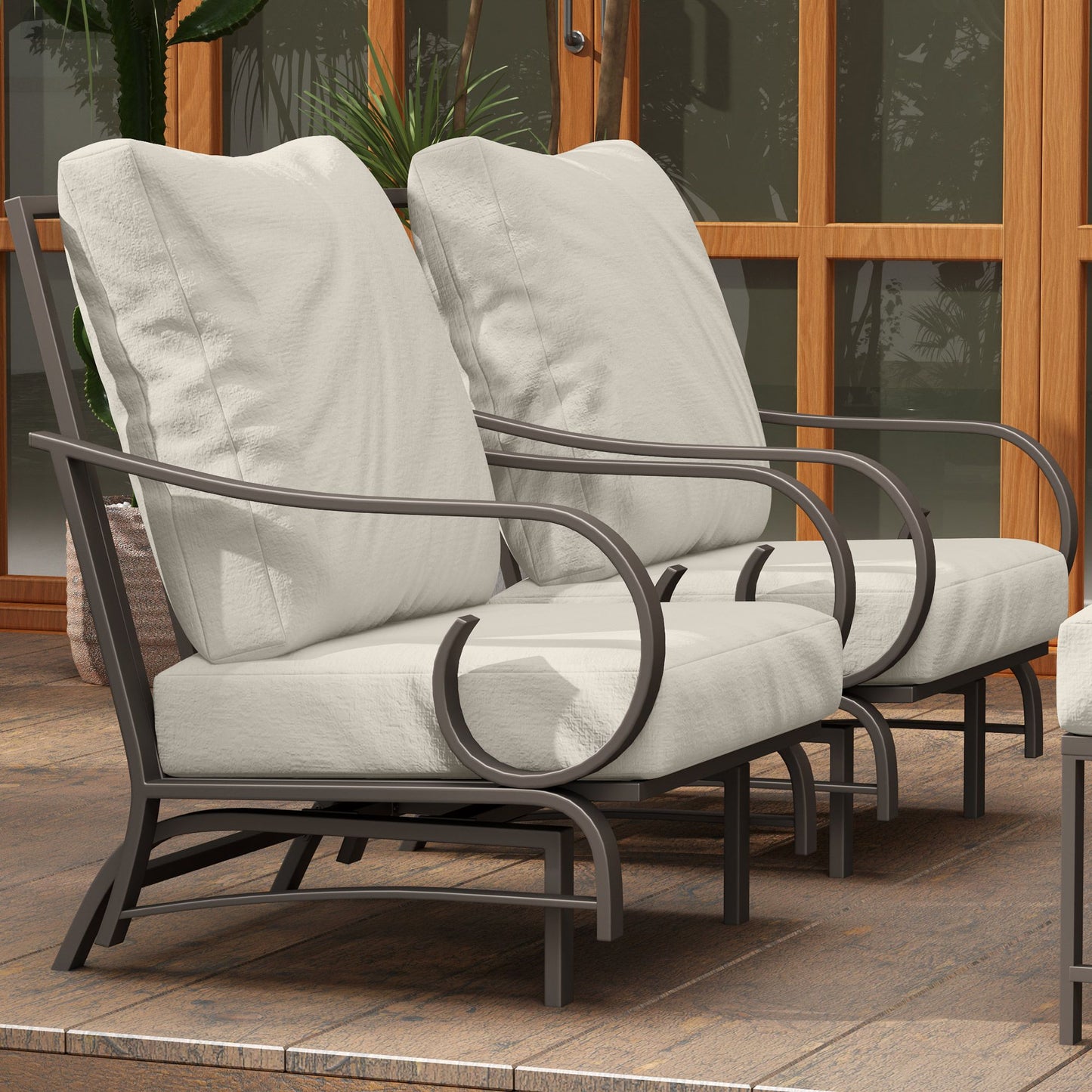 5 Piece Backyard Patio Furniture Set, Outdoor Furniture Set with 2 Rocking Chairs, 3-Seat Sofa, and 2 Ottomans, Beige - KNM Sundry