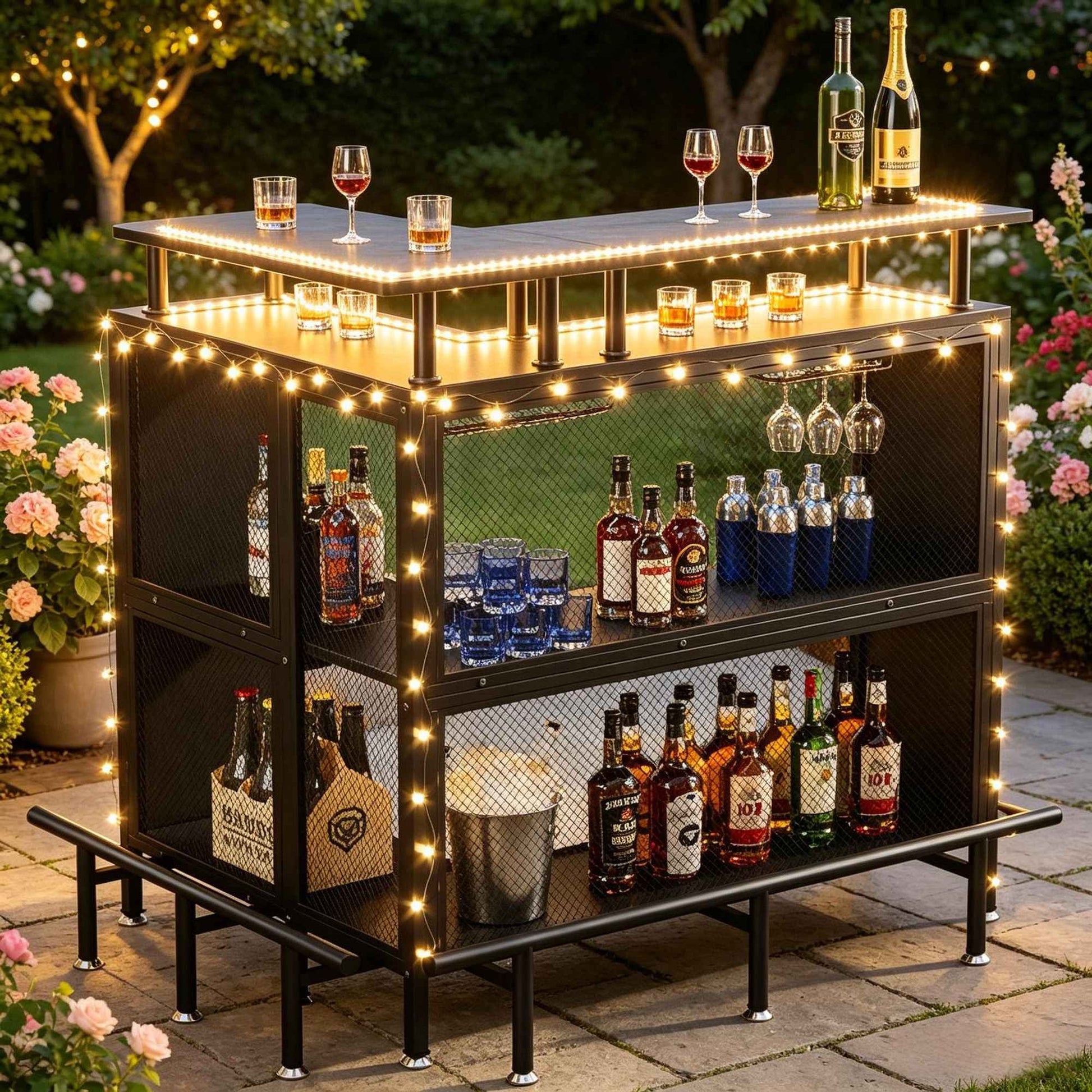 L-Shaped Home Bar Unit Liquor Bar Table with Glasses Holders And Shelves for Kitchen Dining Room Bar Counter Storage