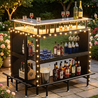 L-Shaped Home Bar Unit Liquor Bar Table with Glasses Holders And Shelves for Kitchen Dining Room Bar Counter Storage