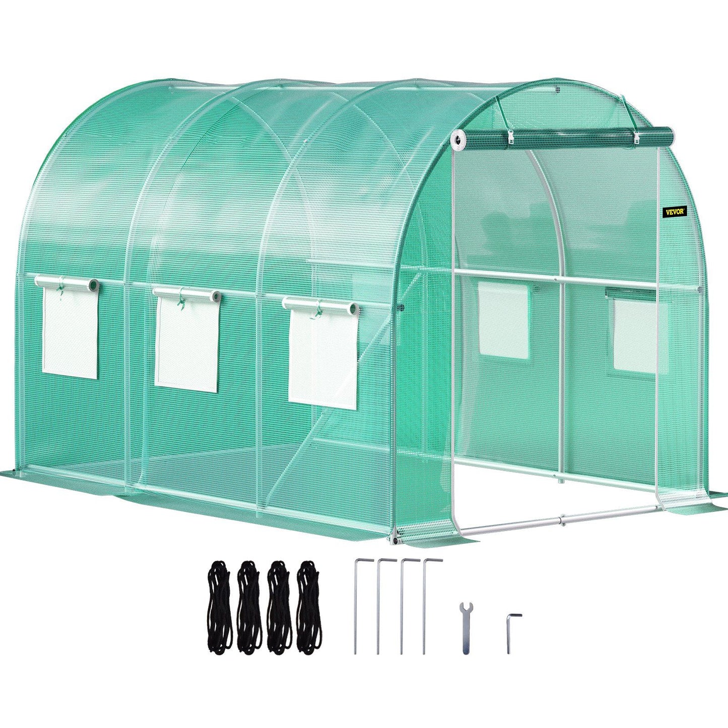 Walk-in Tunnel Greenhouse, 9.8 x 6.6 x 6.6 ft Portable Plant Hot House with Galvanized Steel Hoops, 1 Top Beam, Diagonal Poles, Zippered Door & 6 Roll-up Windows, Green - KNM Sundry