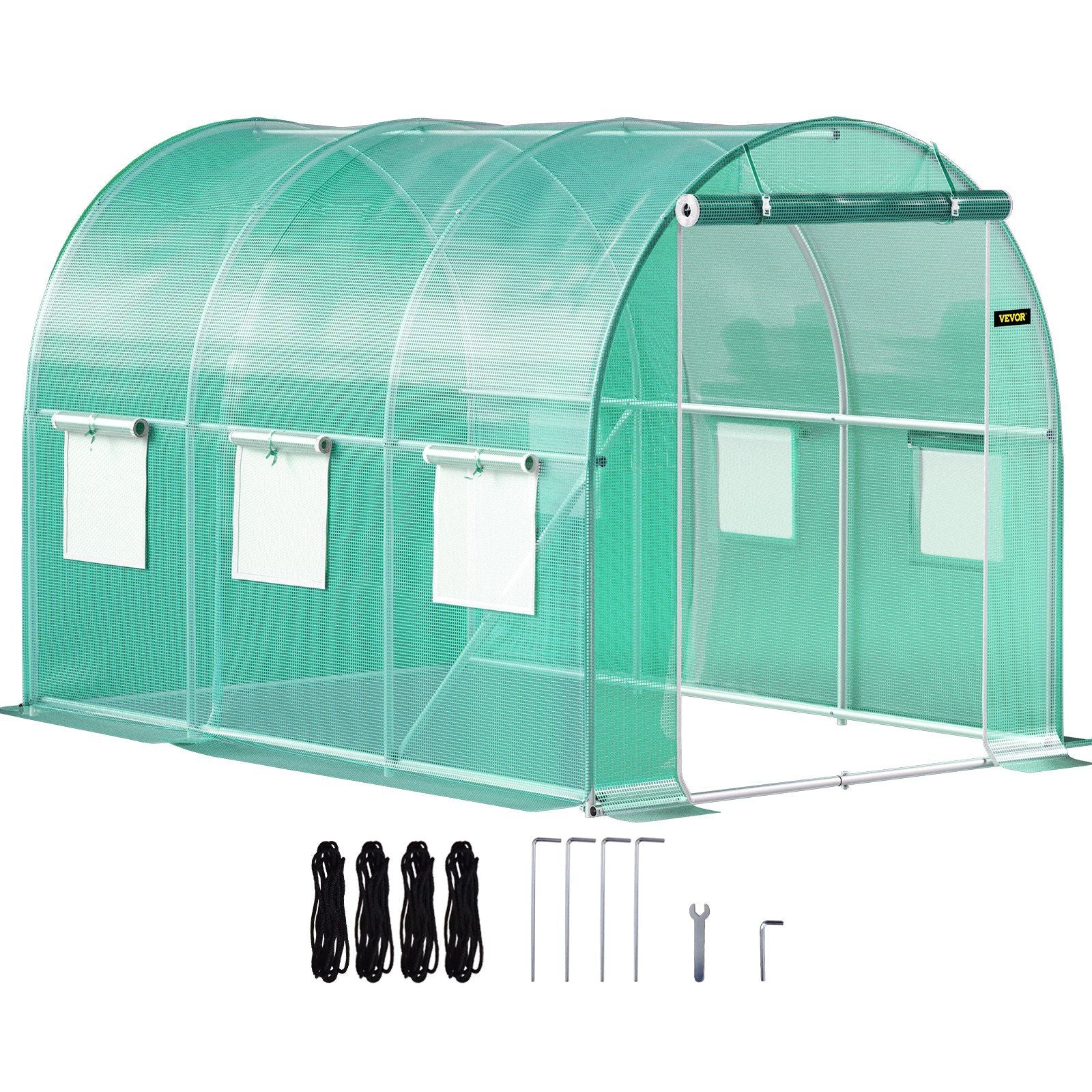 Walk-in Tunnel Greenhouse, 9.8 x 6.6 x 6.6 ft Portable Plant Hot House with Galvanized Steel Hoops, 1 Top Beam, Diagonal Poles, Zippered Door & 6 Roll-up Windows, Green - KNM Sundry