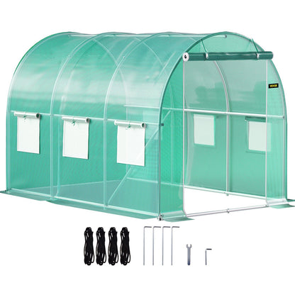 Walk-in Tunnel Greenhouse, 9.8 x 6.6 x 6.6 ft Portable Plant Hot House with Galvanized Steel Hoops, 1 Top Beam, Diagonal Poles, Zippered Door & 6 Roll-up Windows, Green - KNM Sundry