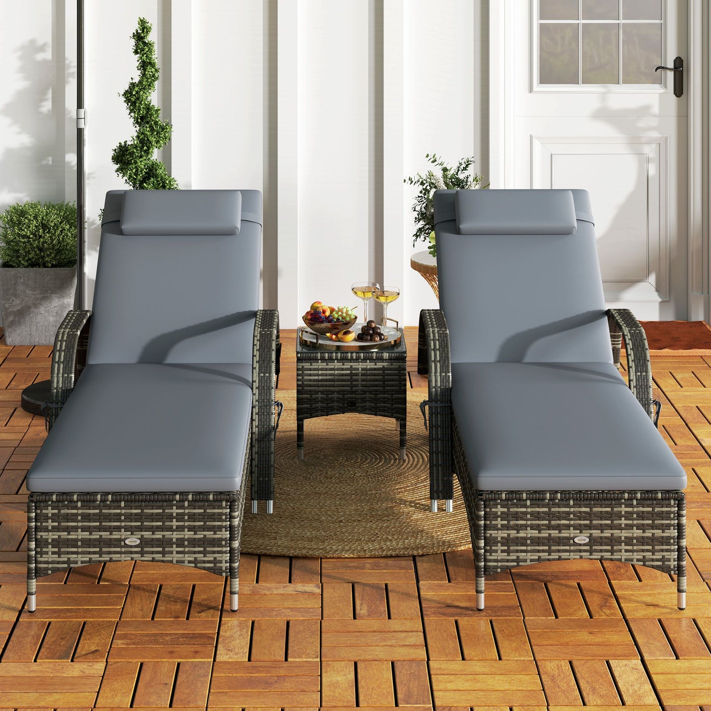 Patio Wicker Chaise Lounge Chair Set of 2 with Table, Adjustable Backrest, Wheels, Cushion & Headrest, Gray - KNM Sundry