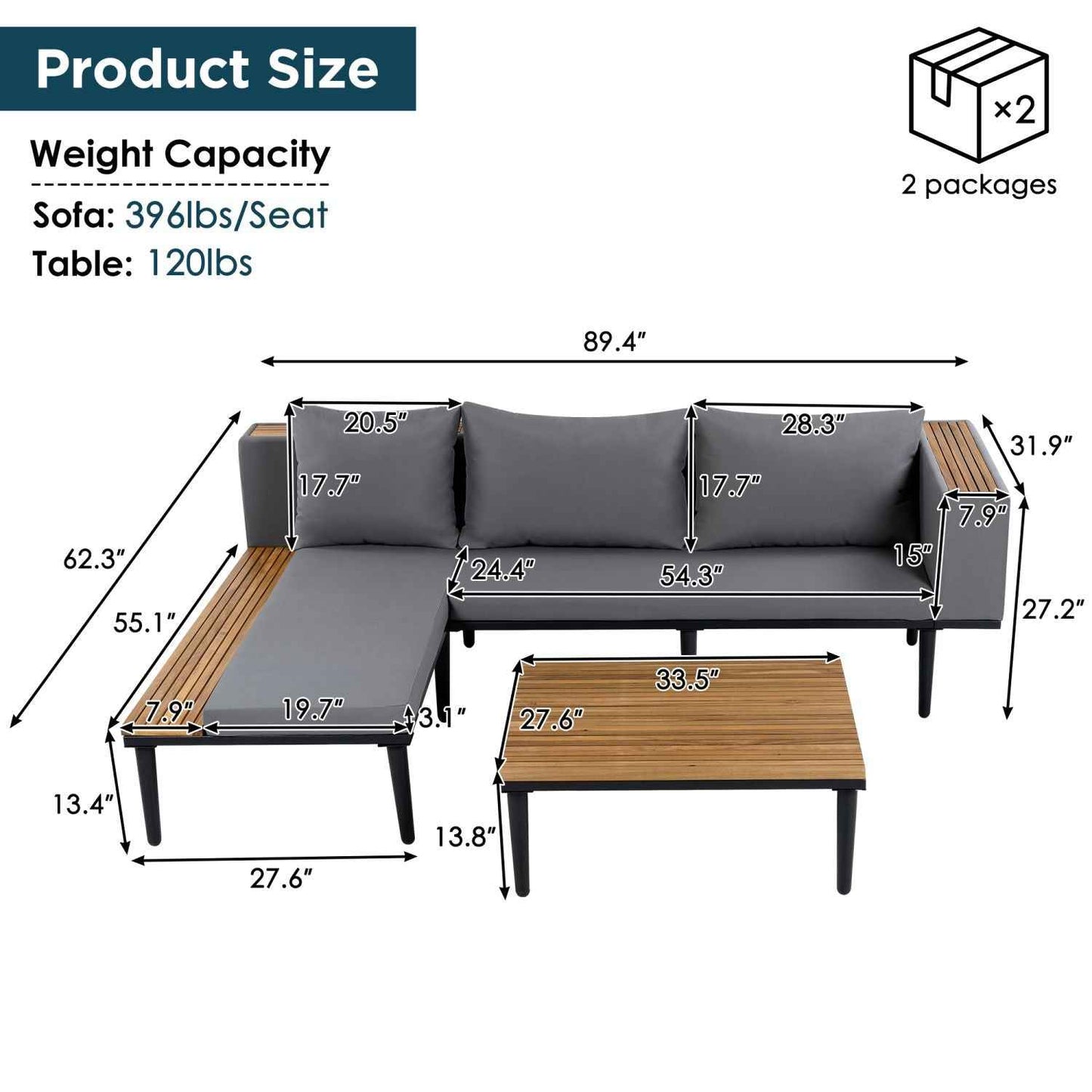 <Old SKU: N704G201251E> Luxury Patio Furniture Set with Removable Cushions and Coffee Table, L-Shaped Acacia Wood Sofa with Side table, Outdoor Conversation Sectional Sofa for Backyard, Porch, Gray