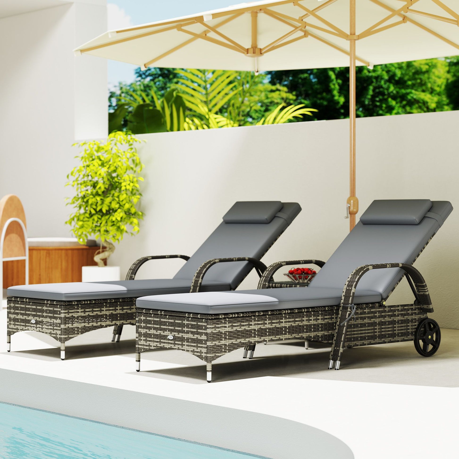 Patio Wicker Chaise Lounge Chair Set of 2 with Table, Adjustable Backrest, Wheels, Cushion & Headrest, Gray - KNM Sundry