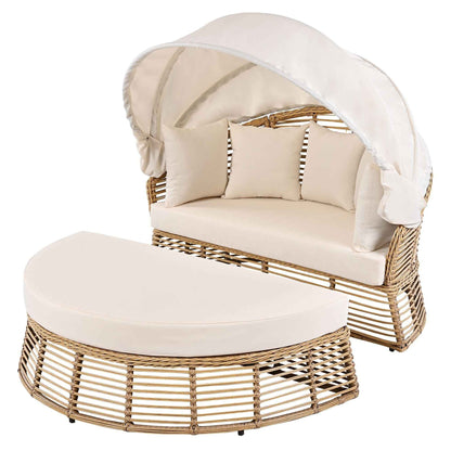 Outdoor Patio Rattan Round Daybed with Retractable Canopy, Wicker Furniture Round Poolside Sofa Sunbed with Removable Cushions, Backyard, Porch