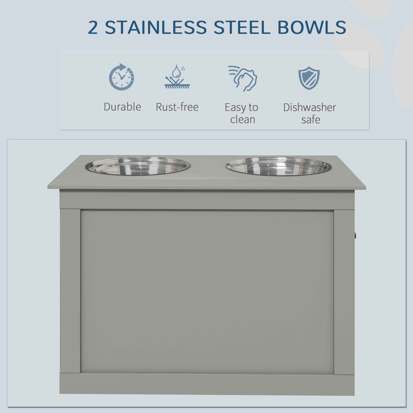 Raised Dog Feeding Station with 2 Stainless Steel Bowls and Storage for Large Dogs and Other Large Pets Gray