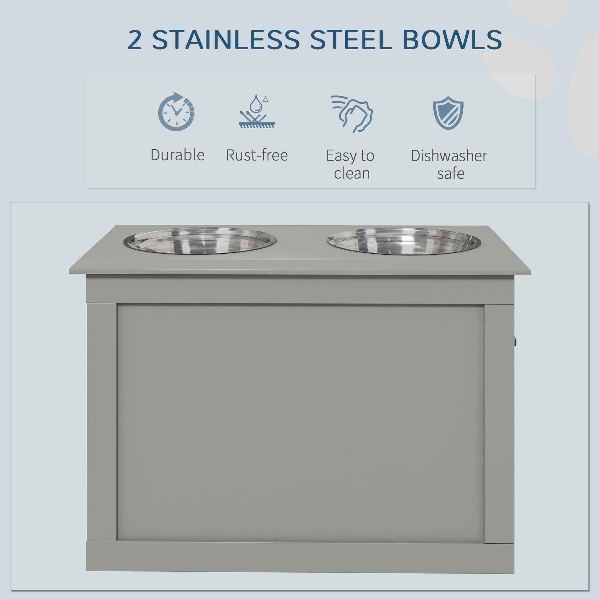 Raised Dog Feeding Station with 2 Stainless Steel Bowls and Storage for Large Dogs and Other Large Pets Gray
