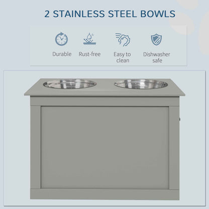 Raised Dog Feeding Station with 2 Stainless Steel Bowls and Storage for Large Dogs and Other Large Pets Gray