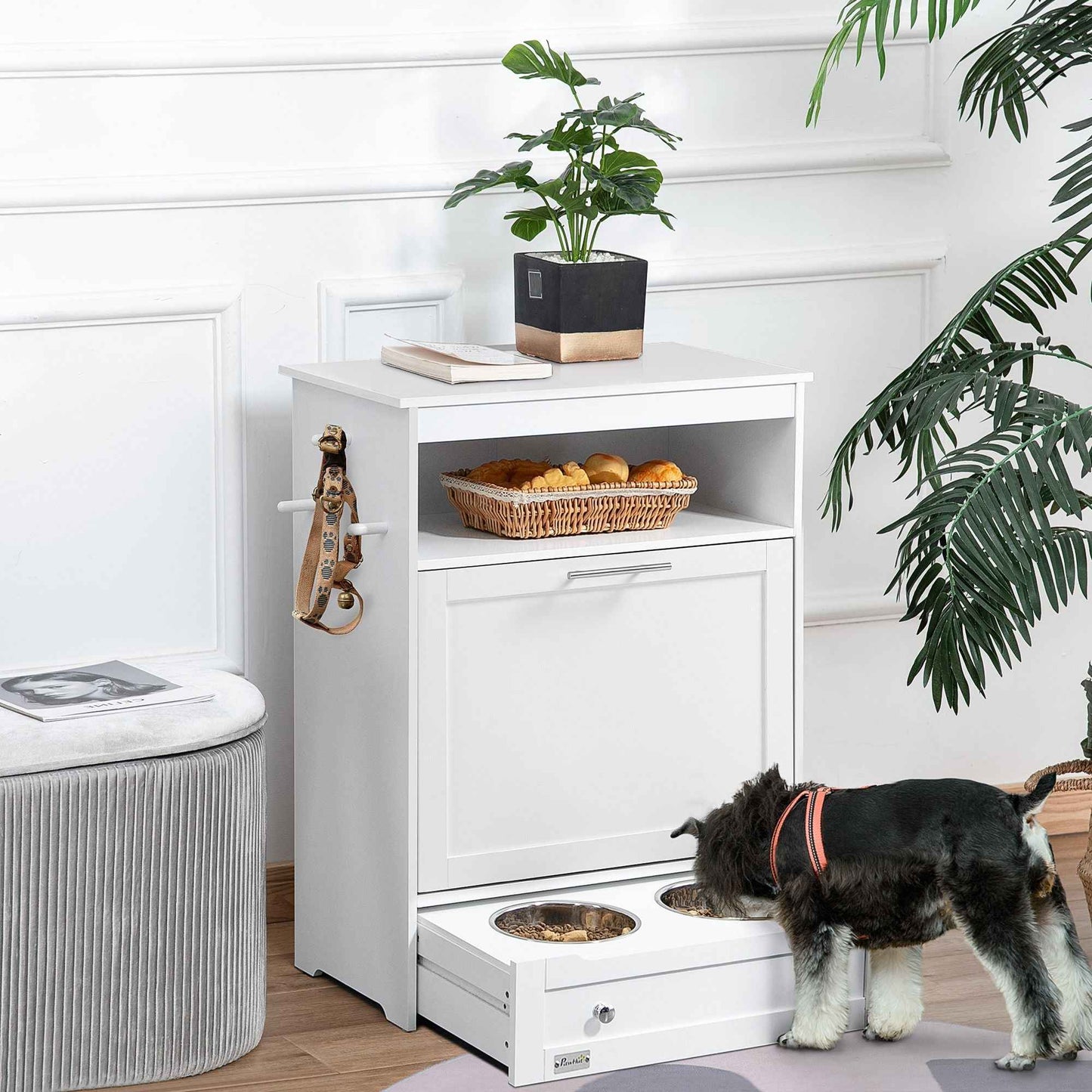 Pet Feeder Station with Storage, Dog Food Storage Container with 2 Raised Dog Bowls, White