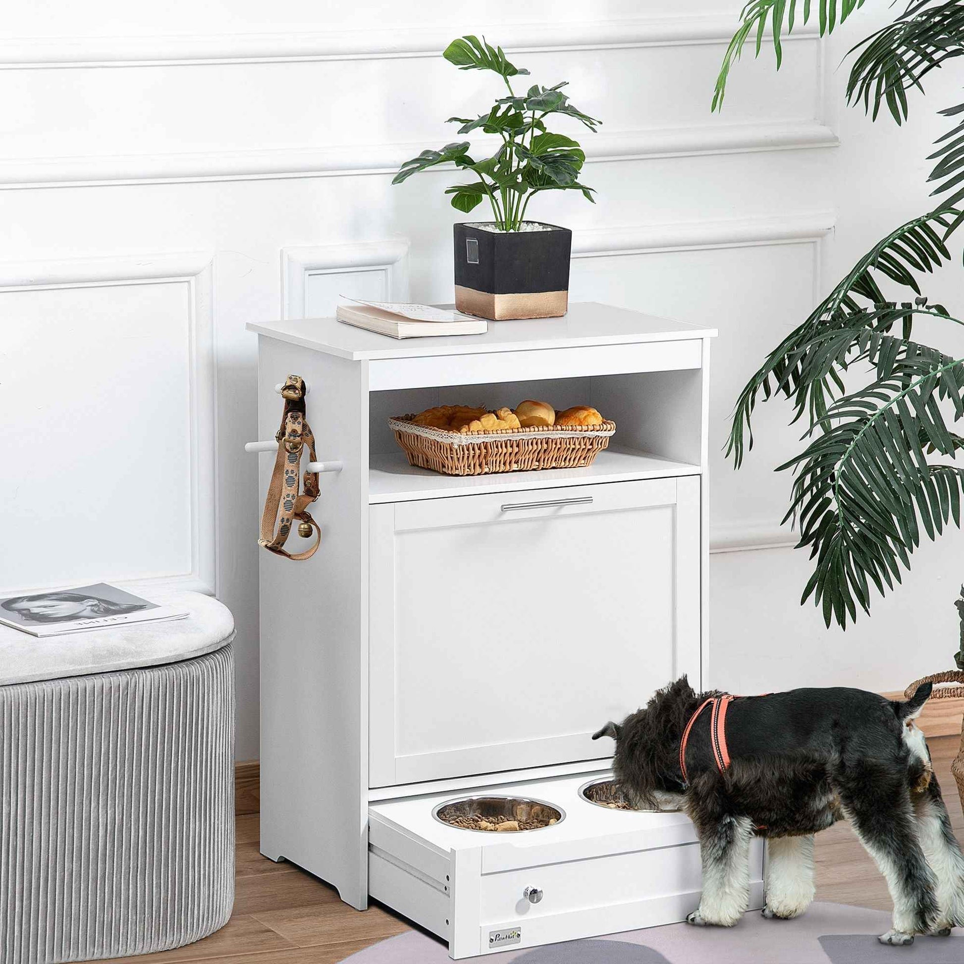 Pet Feeder Station with Storage, Dog Food Storage Container with 2 Raised Dog Bowls, White