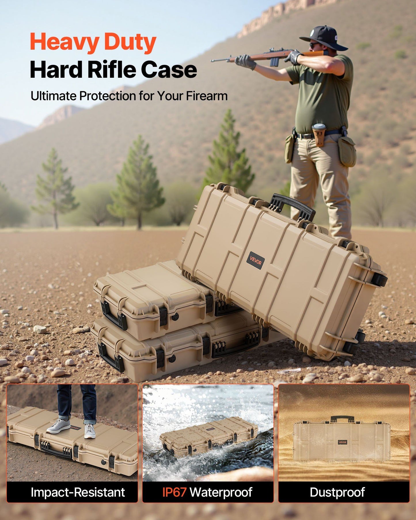 VEVOR Hard Rifle Case, Lockable Rifle Case with 4 Layers Pre-cut Foams, 36 in Gun Storage with Wheels, IP67 Waterproof & Dustproof Pistol Storage Cases for Rifles, Shotguns, Airsoft Guns, Khaki - KNM Sundry