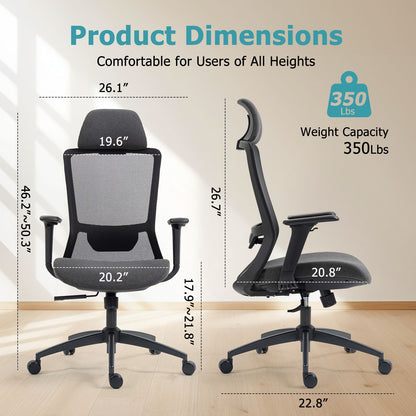 Ergonomic Mesh Office Chair with Adjustable Headrest and Lumbar Support, Breathable Back Design for Home and Office Use 8322H - KNM Sundry