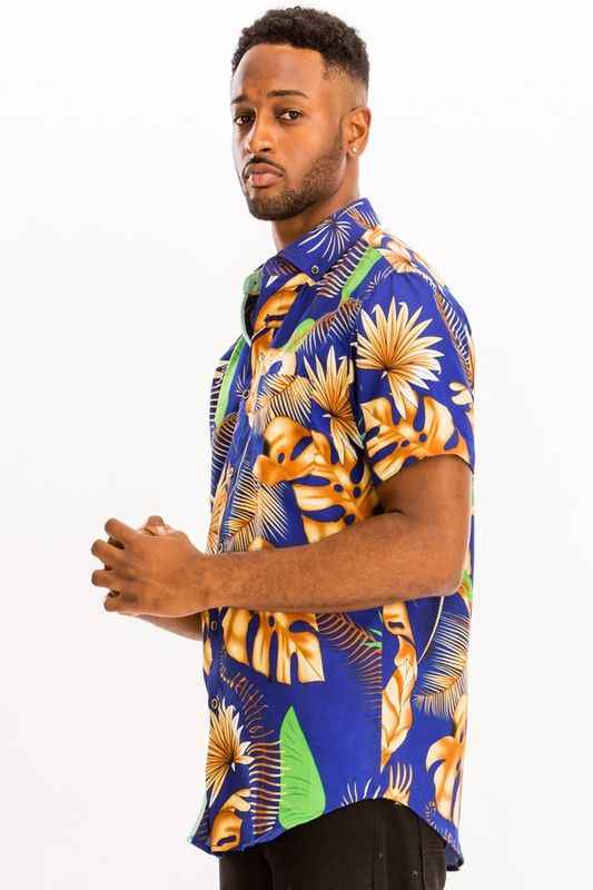 Weiv Mens Print Hawaiian Button Down Shirt