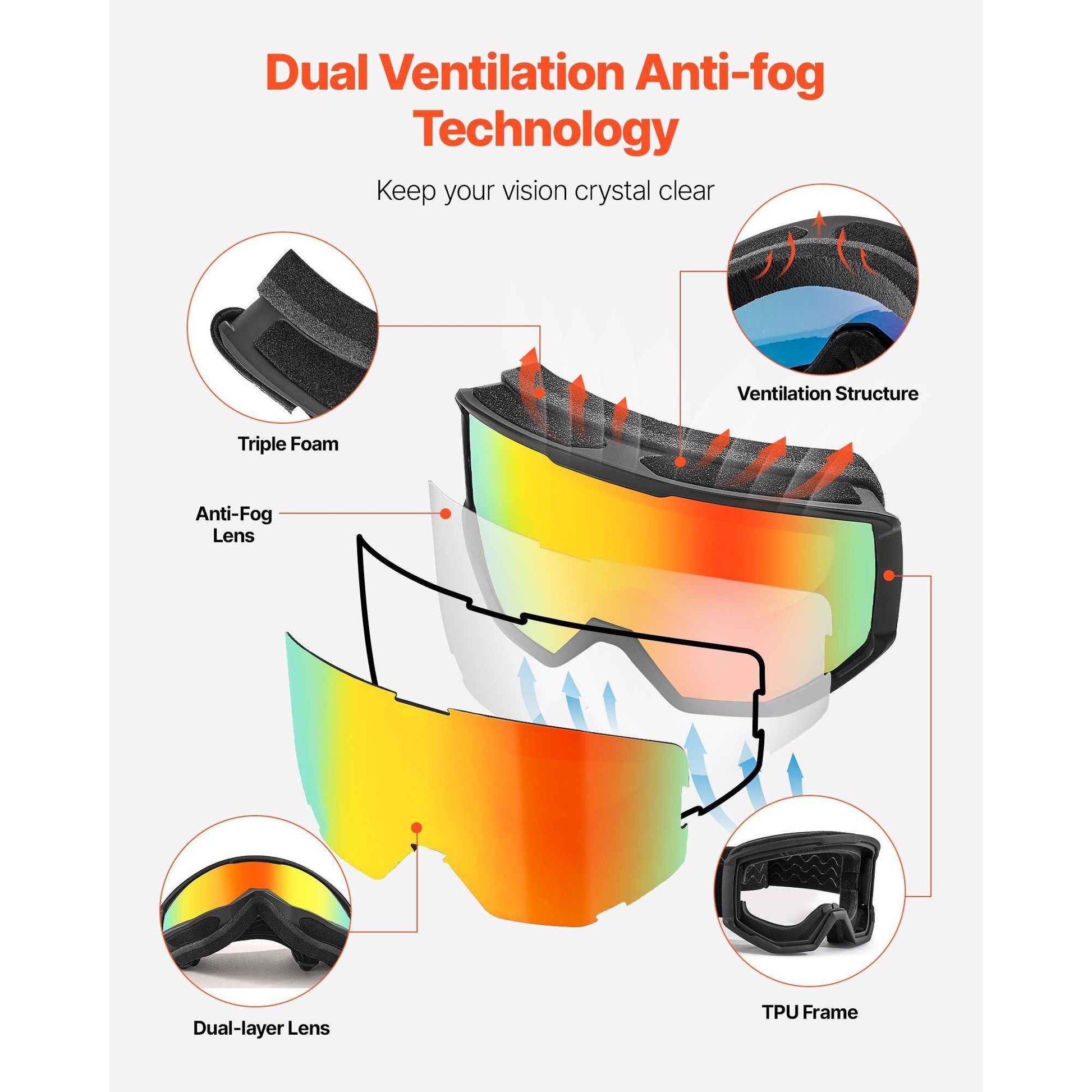 Ski Goggles, Cylindrical Lens with Orange Revo Coating, OTG Anti fog Snow Goggles for Men Women Youth, TPU Frame & Ventilation Structure, Suitable for Skiing, Skating, Snowboarding, Cycling
