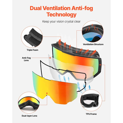 Ski Goggles, Cylindrical Lens with Orange Revo Coating, OTG Anti fog Snow Goggles for Men Women Youth, TPU Frame & Ventilation Structure, Suitable for Skiing, Skating, Snowboarding, Cycling